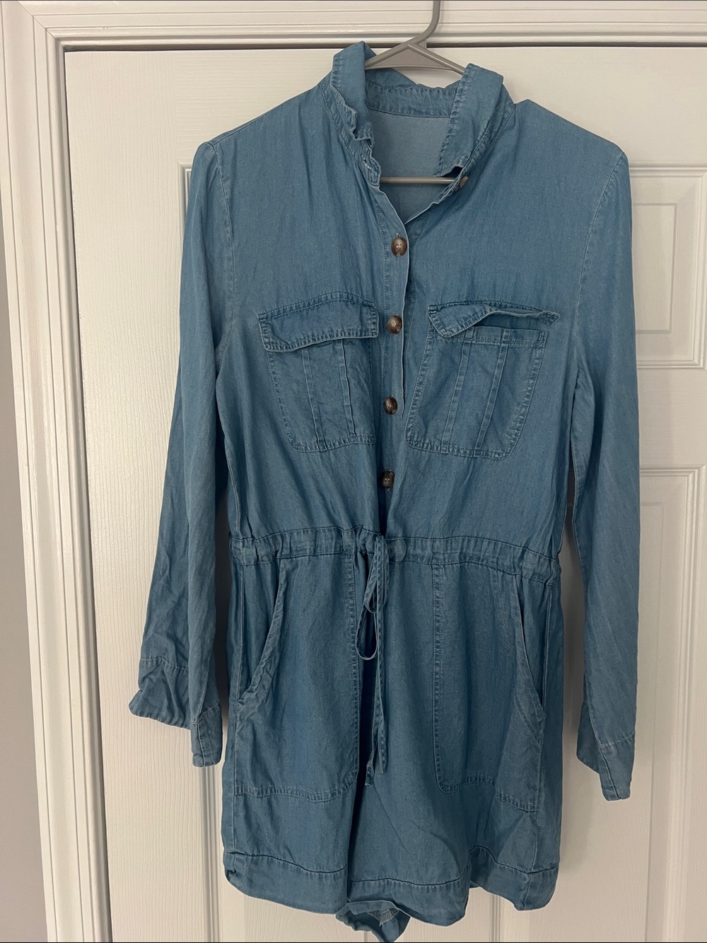 Cupshe Light Blue Denim Romper with Drawstring Waist